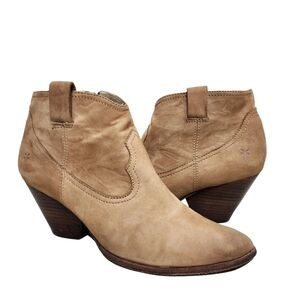 FRYE Reina Nubuck Booties Sz 9 Crinkled Distressed Leather Tan Side Zip